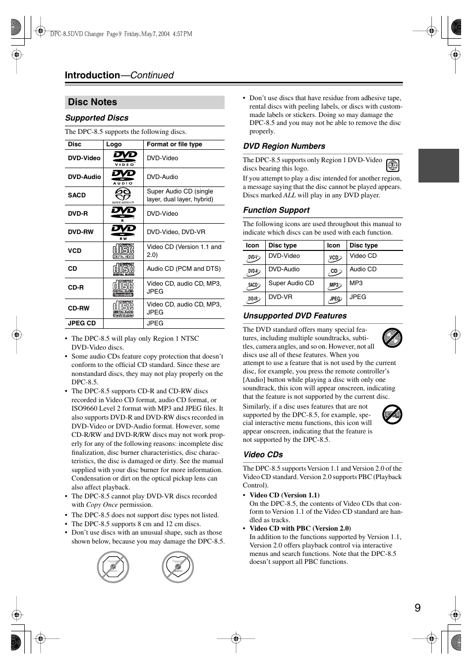 Introduction —continued | Integra DPC-8.5 User Manual | Page 9 / 68