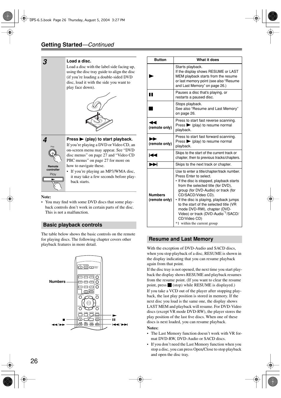 Getting started —continued, Basic playback controls | Integra DPS-6.5 User Manual | Page 26 / 64