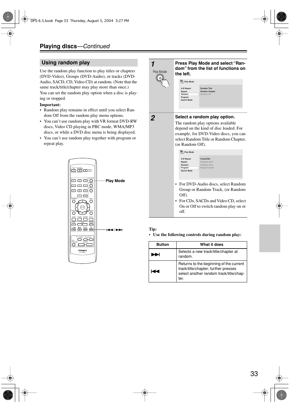 Playing discs —continued, Using random play | Integra DPS-6.5 User Manual | Page 33 / 64