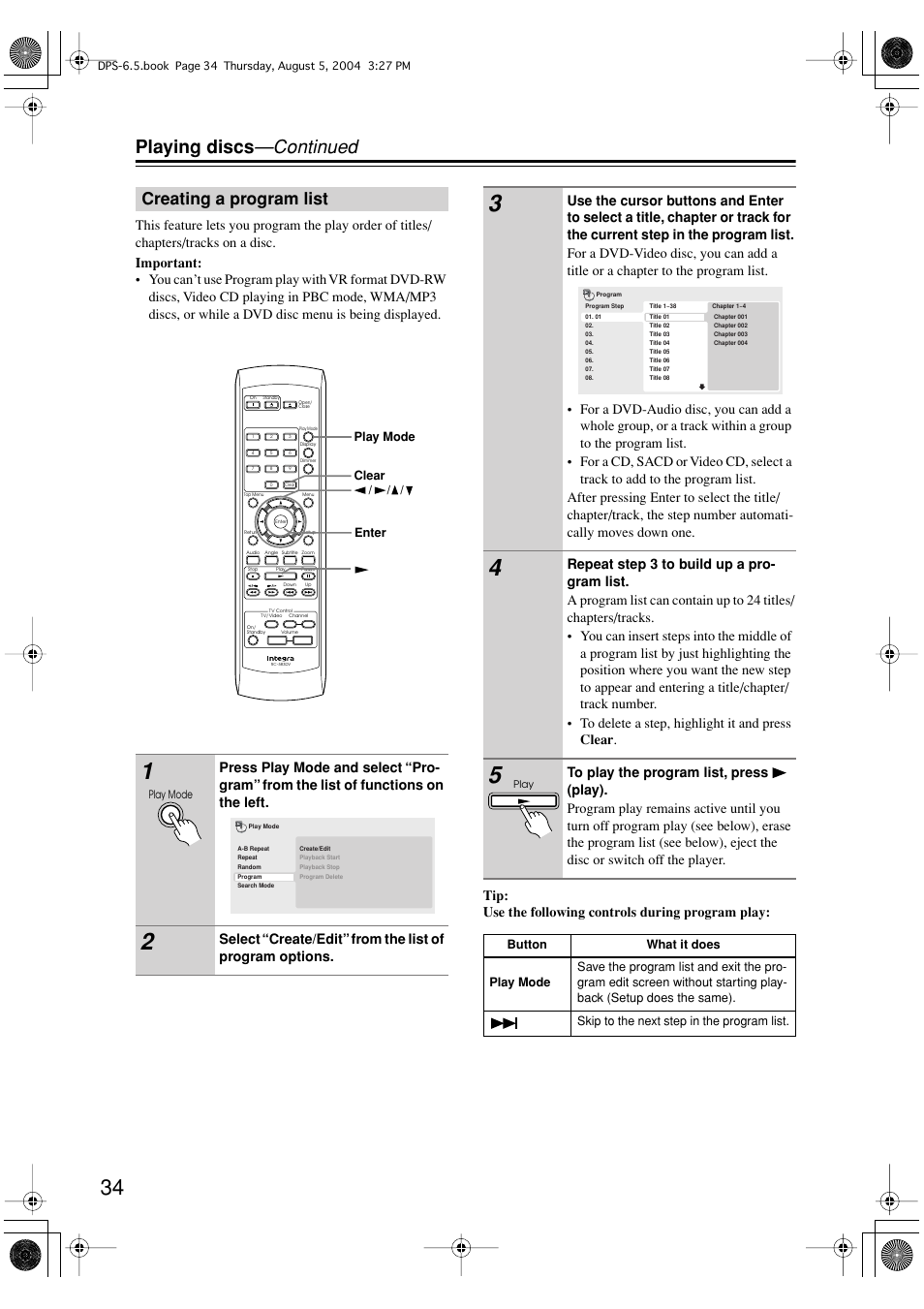 Playing discs —continued, Creating a program list | Integra DPS-6.5 User Manual | Page 34 / 64