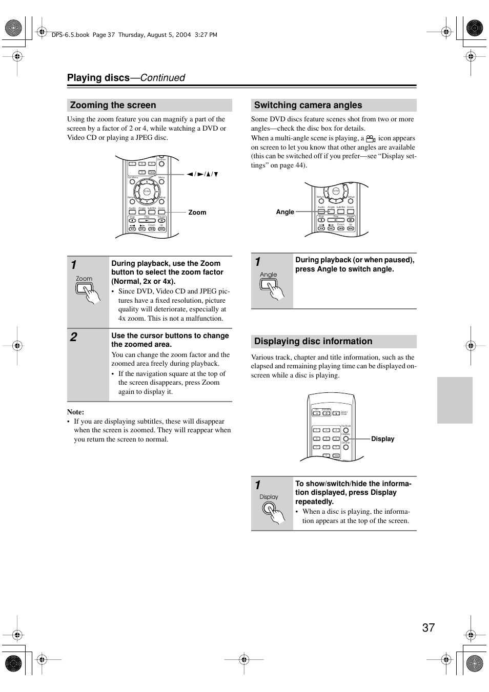 Playing discs —continued, Zooming the screen, Switching camera angles | Displaying disc information | Integra DPS-6.5 User Manual | Page 37 / 64