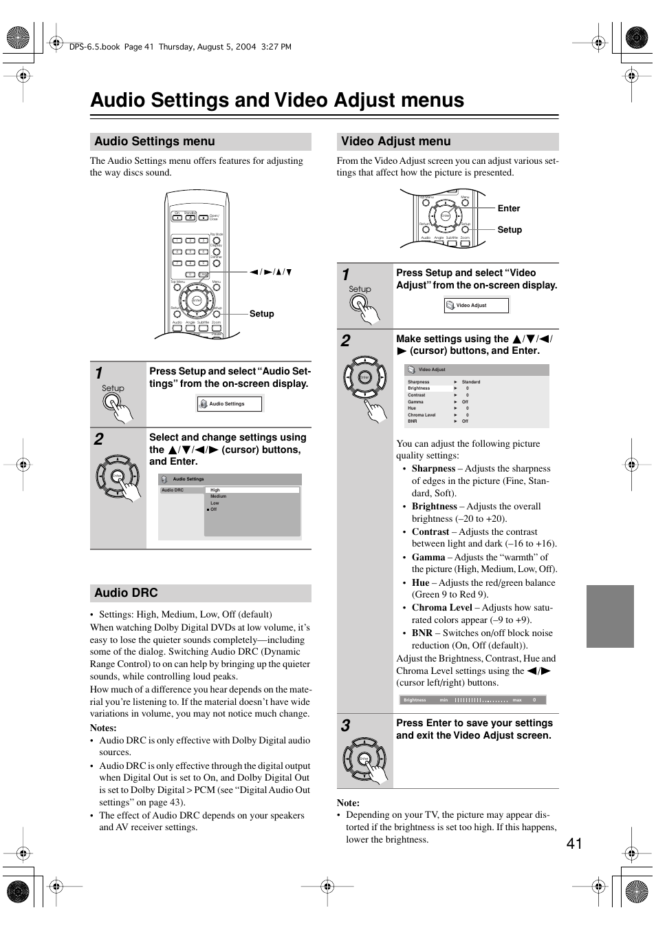 Audio settings and video adjust menus, Audio settings menu, Audio drc | Video adjust menu | Integra DPS-6.5 User Manual | Page 41 / 64