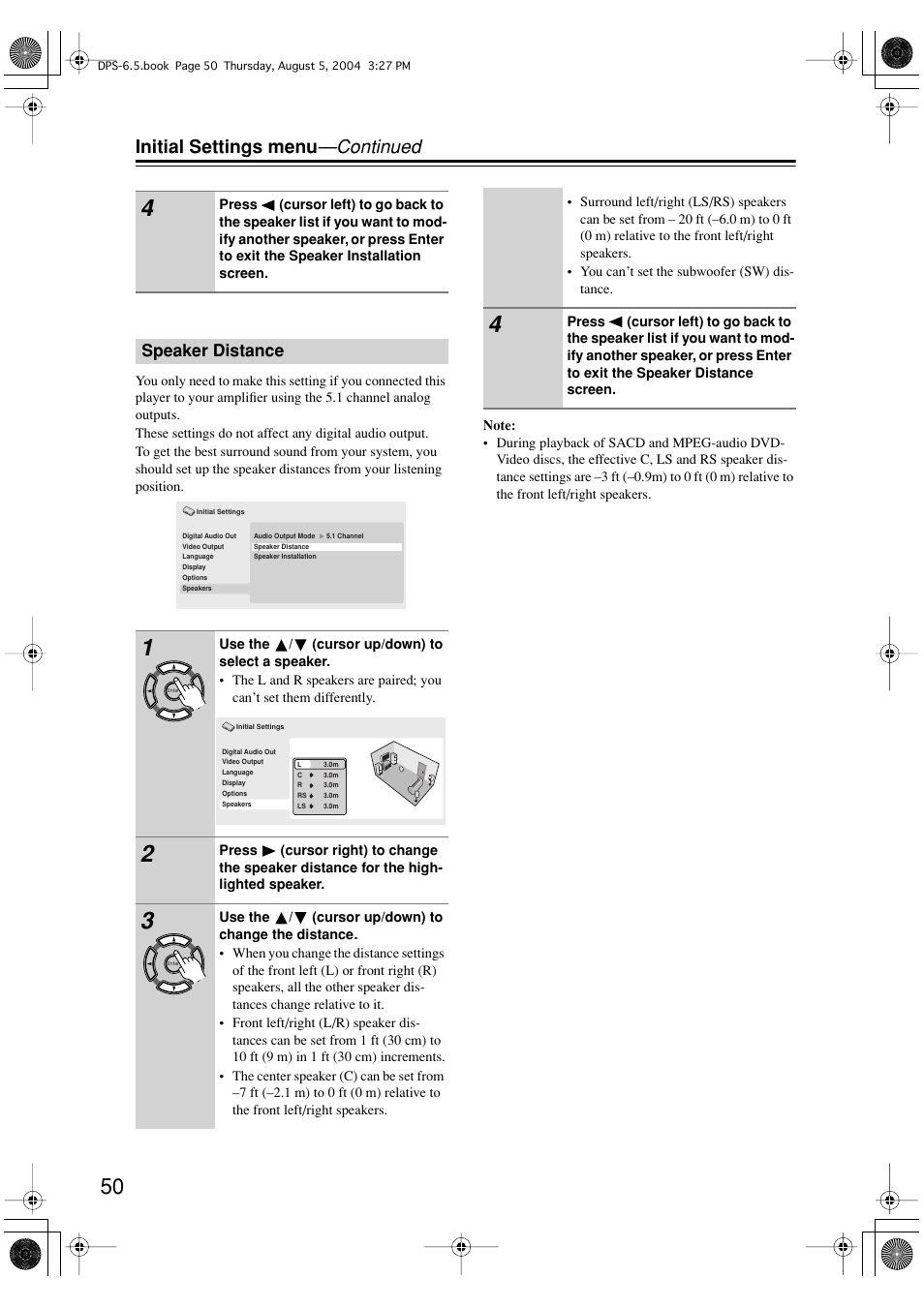 Initial settings menu —continued, Speaker distance | Integra DPS-6.5 User Manual | Page 50 / 64