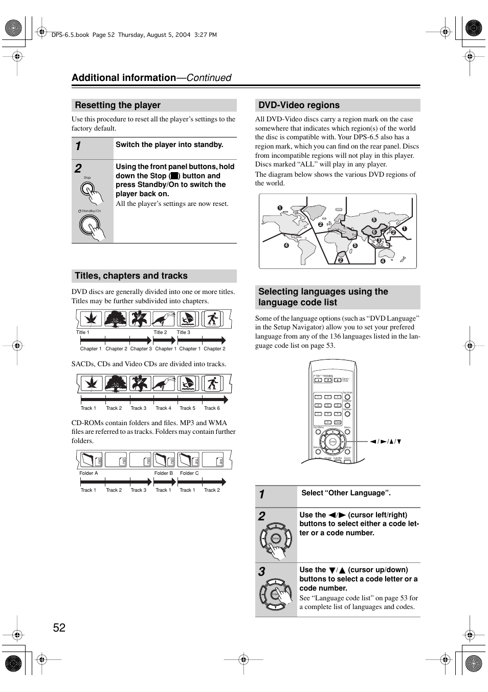 Additional information —continued, Resetting the player, Titles, chapters and tracks | Integra DPS-6.5 User Manual | Page 52 / 64