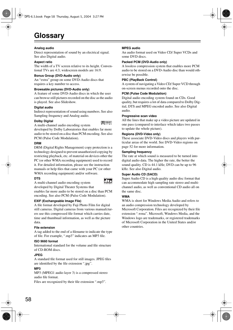 Glossary | Integra DPS-6.5 User Manual | Page 58 / 64