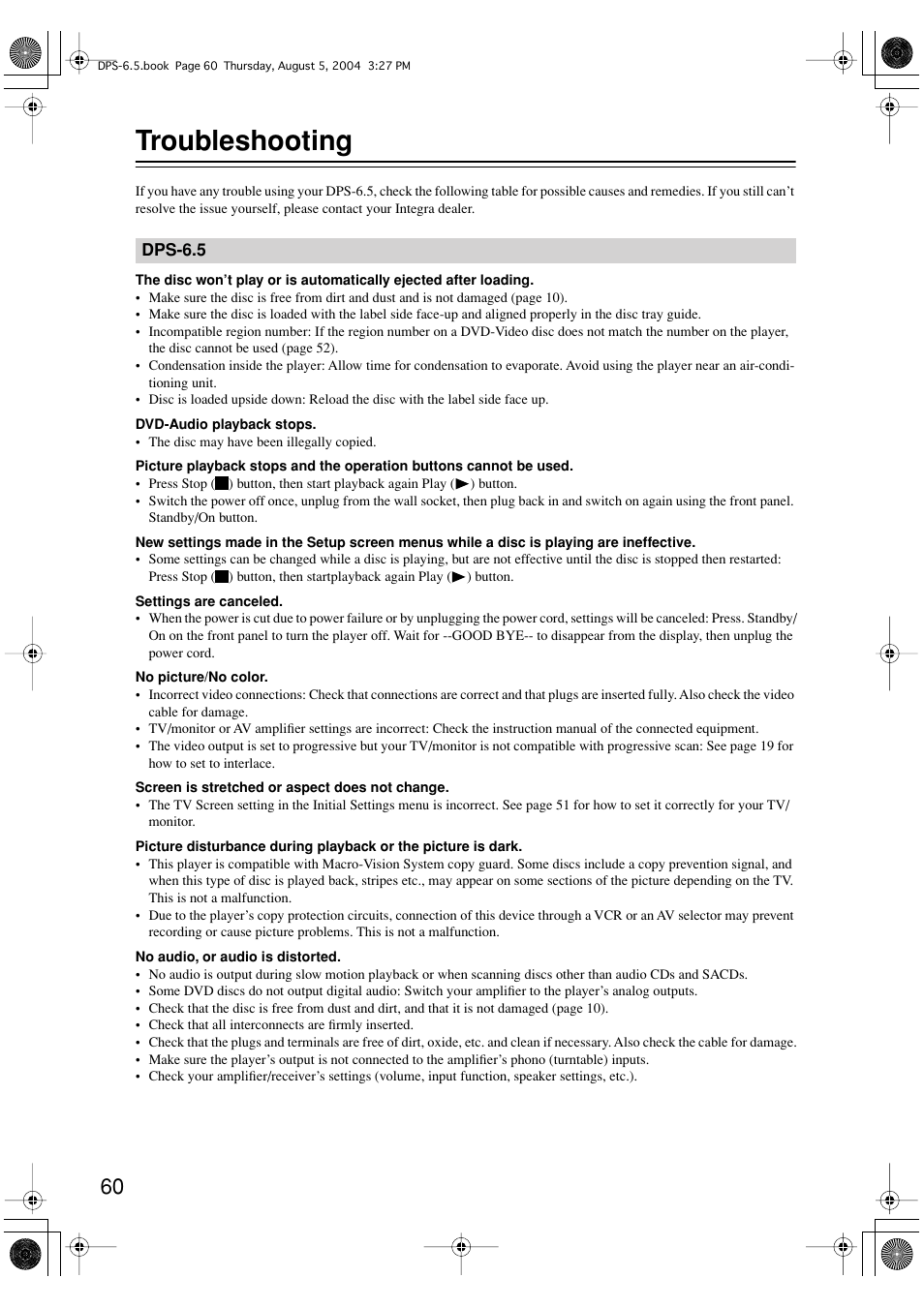 Troubleshooting | Integra DPS-6.5 User Manual | Page 60 / 64