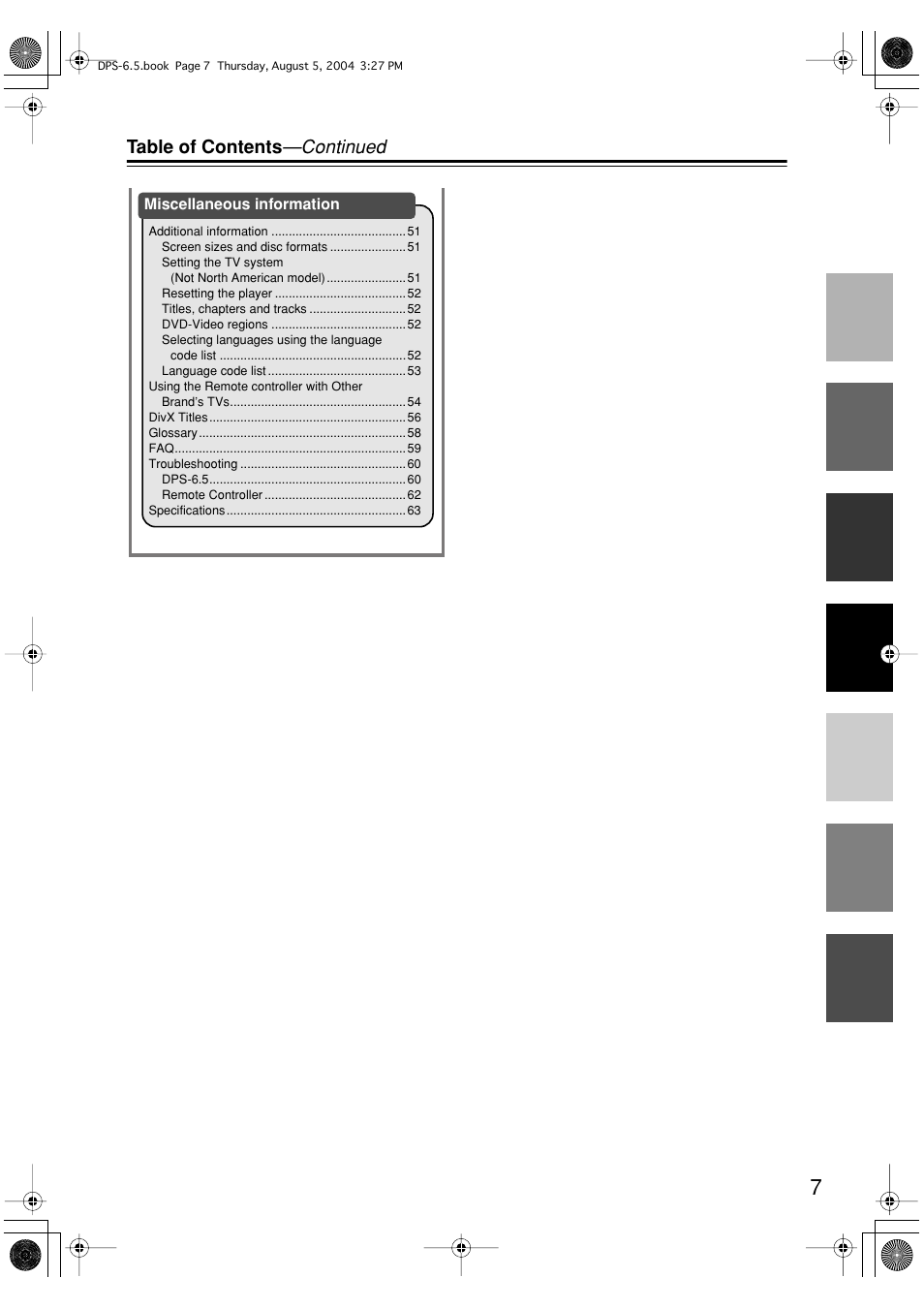 Table of contents —continued | Integra DPS-6.5 User Manual | Page 7 / 64