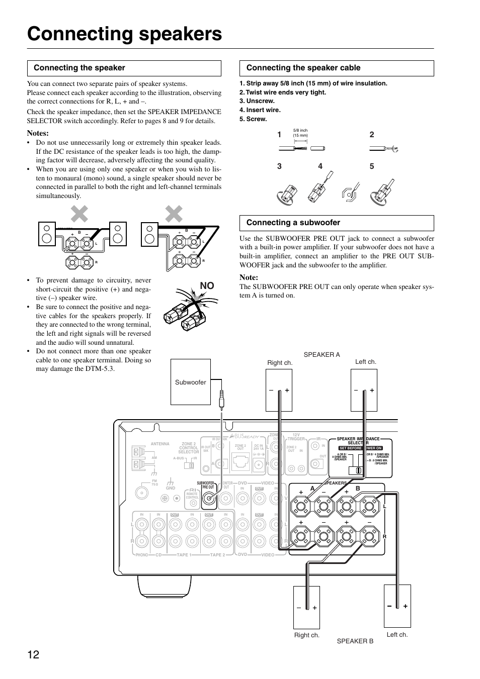 Connecting speakers, Connecting the speaker, Connecting the speaker cable | Connecting a subwoofer | Integra DTM-5.3 User Manual | Page 12 / 32