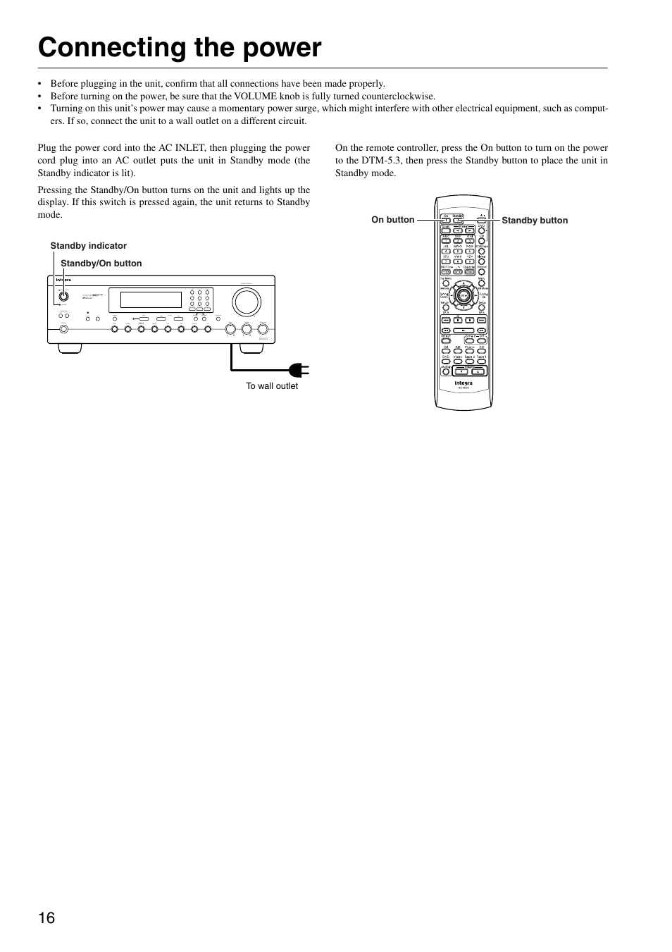 Connecting the power | Integra DTM-5.3 User Manual | Page 16 / 32