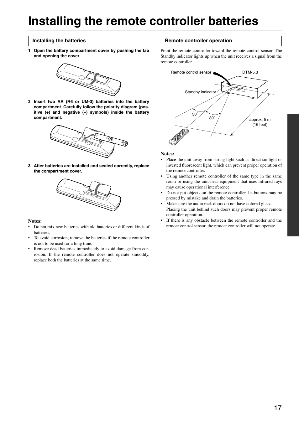 Installing the remote controller batteries | Integra DTM-5.3 User Manual | Page 17 / 32