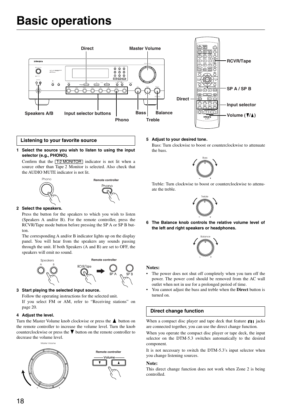 Basic operations, Setup and operation, Listening to your favorite source | Direct change function, 2 select the speakers, 3 start playing the selected input source, 4 adjust the level, 5 adjust to your desired tone | Integra DTM-5.3 User Manual | Page 18 / 32