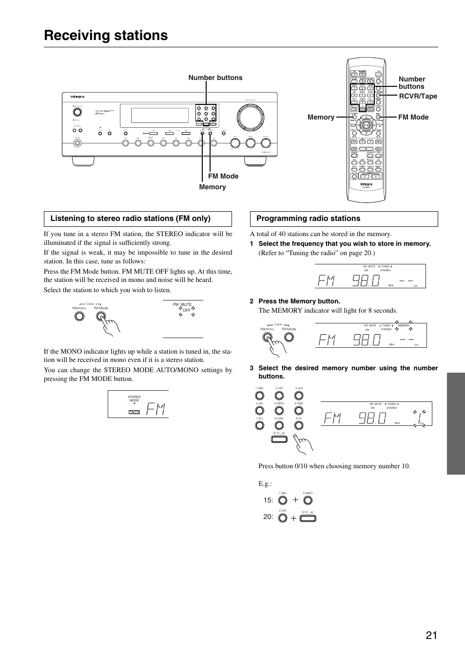 Receiving stations, Listening to stereo radio stations (fm only), Programming radio stations | Refer to “tuning the radio” on page 20.) | Integra DTM-5.3 User Manual | Page 21 / 32