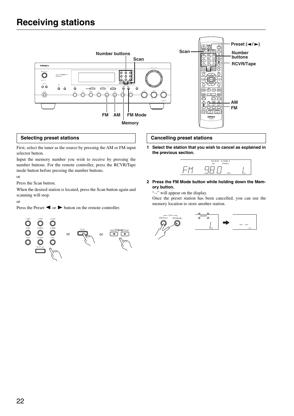 Receiving stations, Selecting preset stations, Cancelling preset stations | Or button on the remote controller | Integra DTM-5.3 User Manual | Page 22 / 32