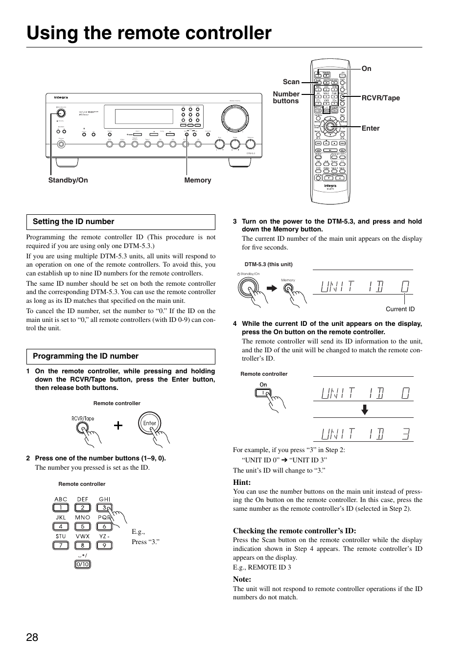 Using the remote controller, Remote controller, Setting the id number | Programming the id number, Hint, Checking the remote controller’s id, The number you pressed is set as the id, E.g., press “3, Current id | Integra DTM-5.3 User Manual | Page 28 / 32