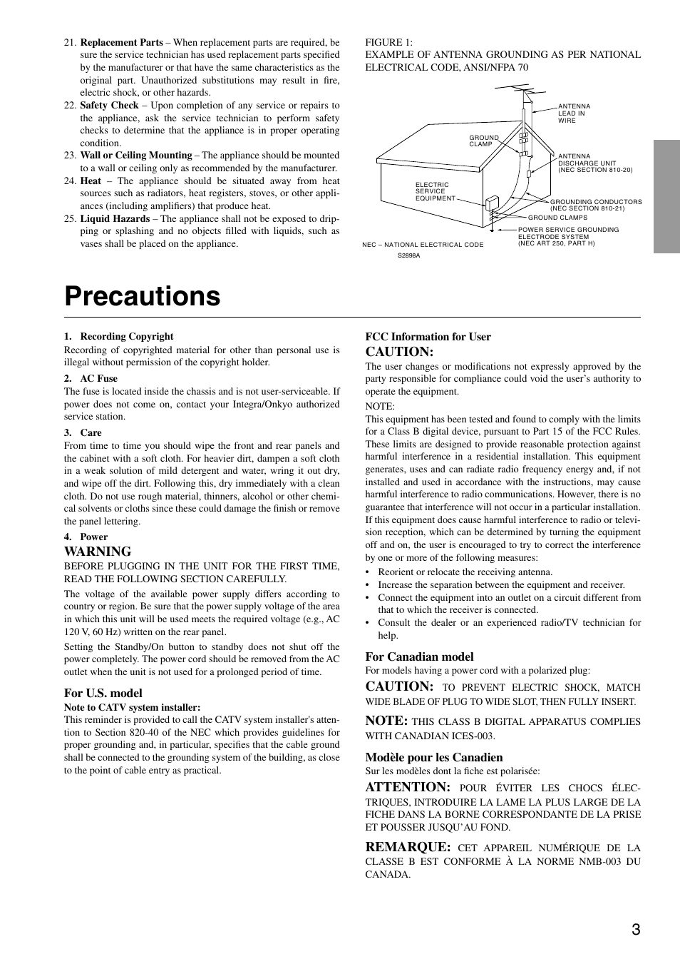 Precautions, Warning, Caution | Attention, Remarque | Integra DTM-5.3 User Manual | Page 3 / 32