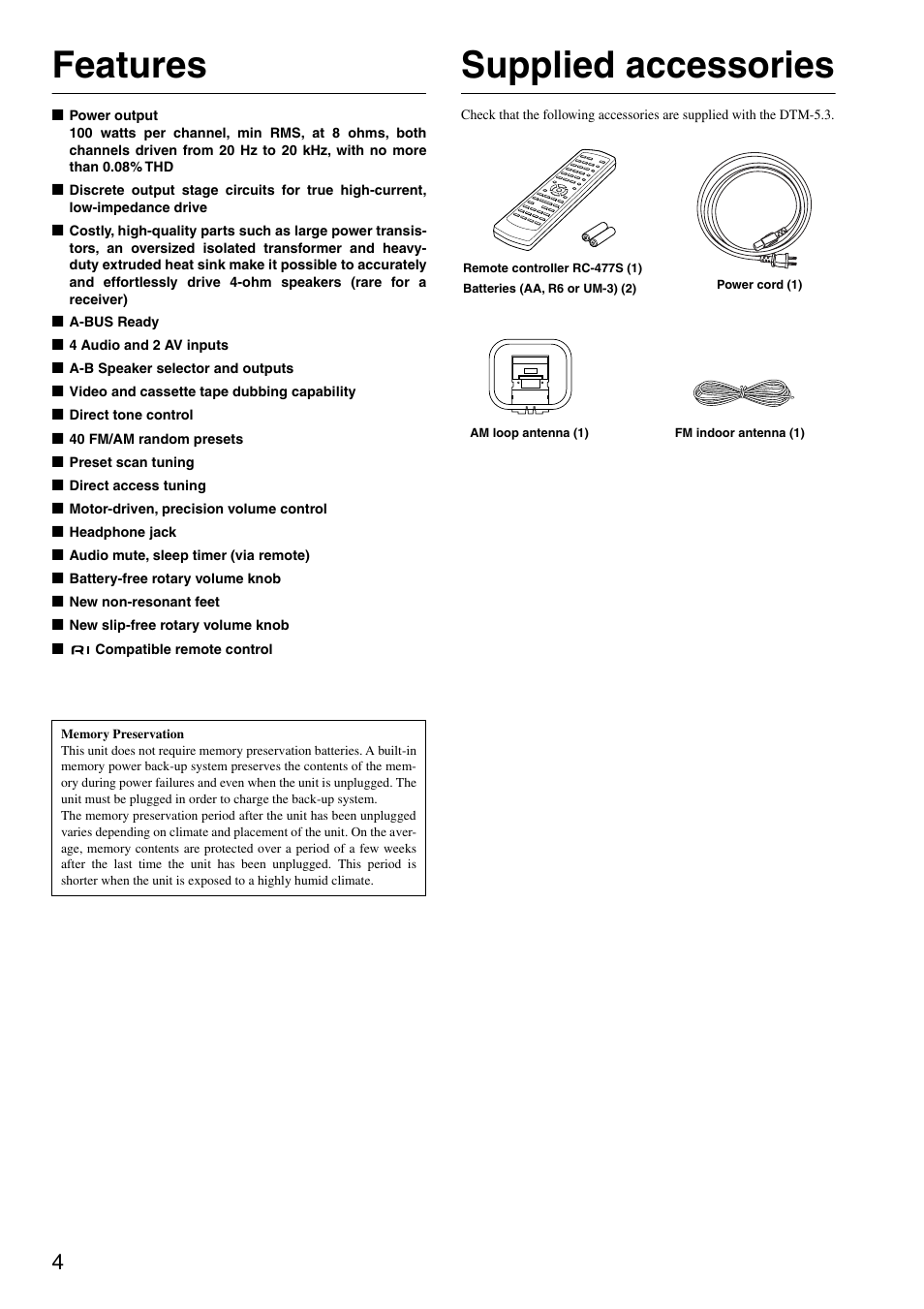 Features, Supplied accessories | Integra DTM-5.3 User Manual | Page 4 / 32