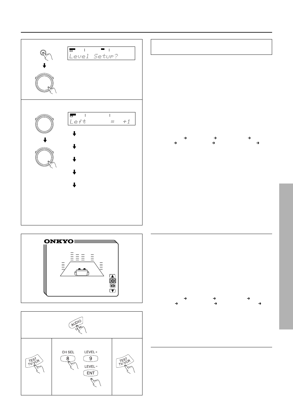 Setting the speaker level, Center right r-sur l-sur sw | Integra DTR-7 User Manual | Page 21 / 64