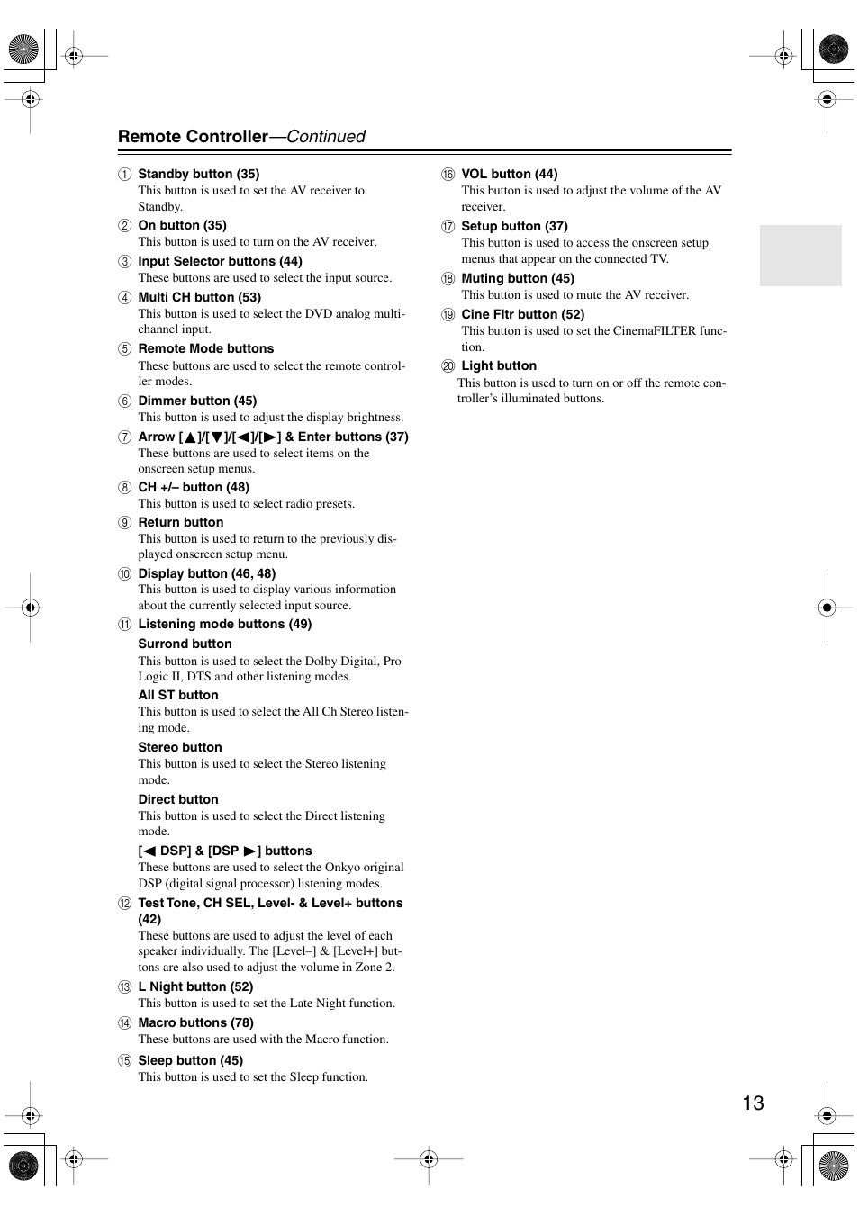 Remote controller —continued | Integra DTR-4.5 User Manual | Page 13 / 84