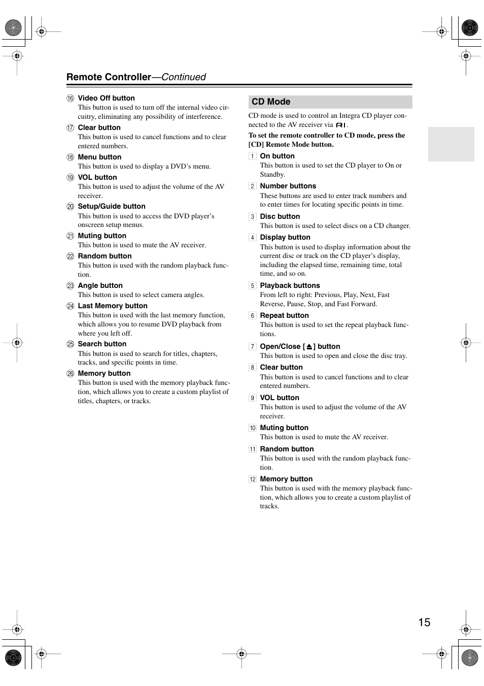 Remote controller —continued | Integra DTR-4.5 User Manual | Page 15 / 84