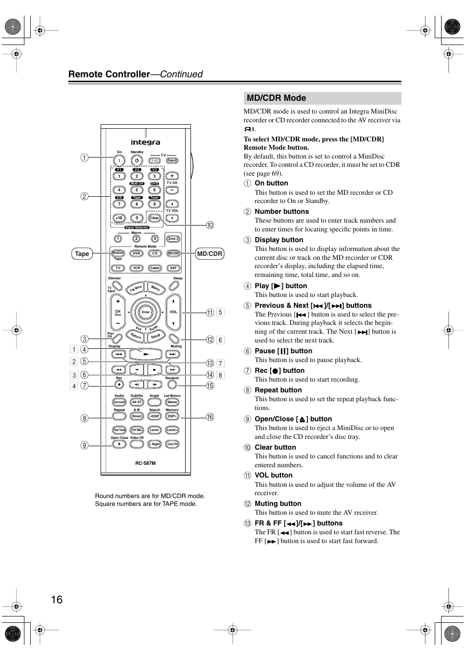 Remote controller —continued, 6m 4 5 n, Md/cdr mode | Integra DTR-4.5 User Manual | Page 16 / 84