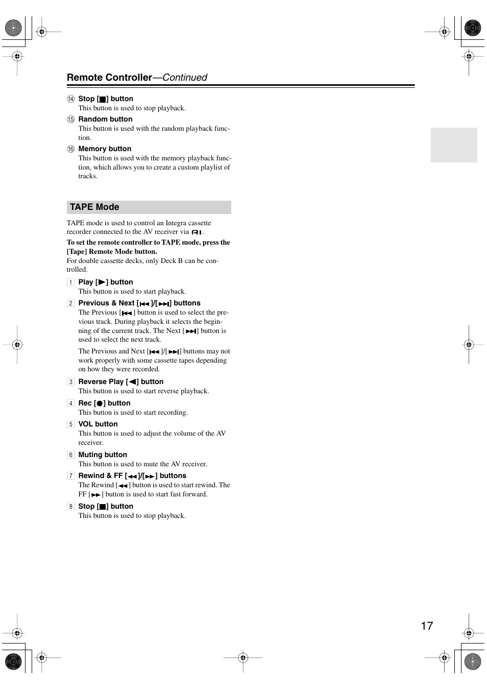 Remote controller —continued | Integra DTR-4.5 User Manual | Page 17 / 84