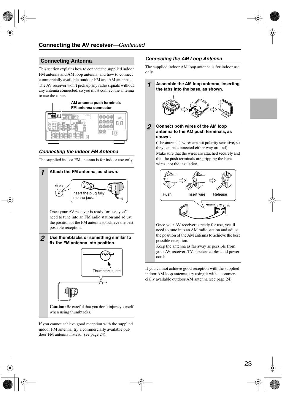 Connecting the av receiver —continued, Connecting antenna, Connecting the indoor fm antenna | Connecting the am loop antenna | Integra DTR-4.5 User Manual | Page 23 / 84