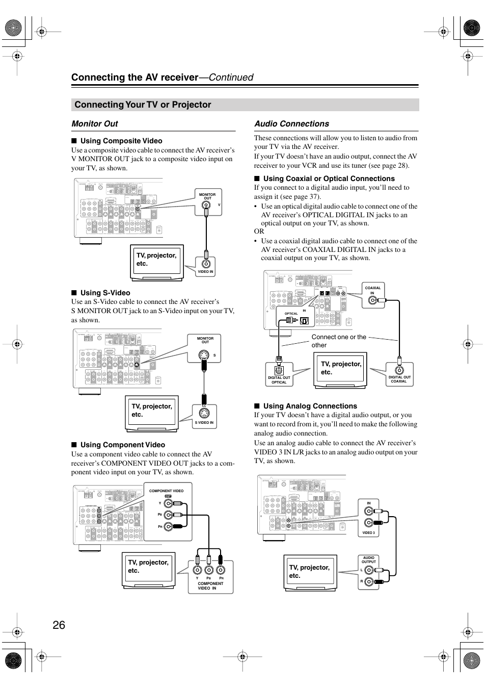 Connecting the av receiver —continued, Connecting your tv or projector, Monitor out | Audio connections, Rl in 1 in 2 in 3 front surr center, Rin out in in in out remote control zone 2 out, In1 in2 out | Integra DTR-4.5 User Manual | Page 26 / 84