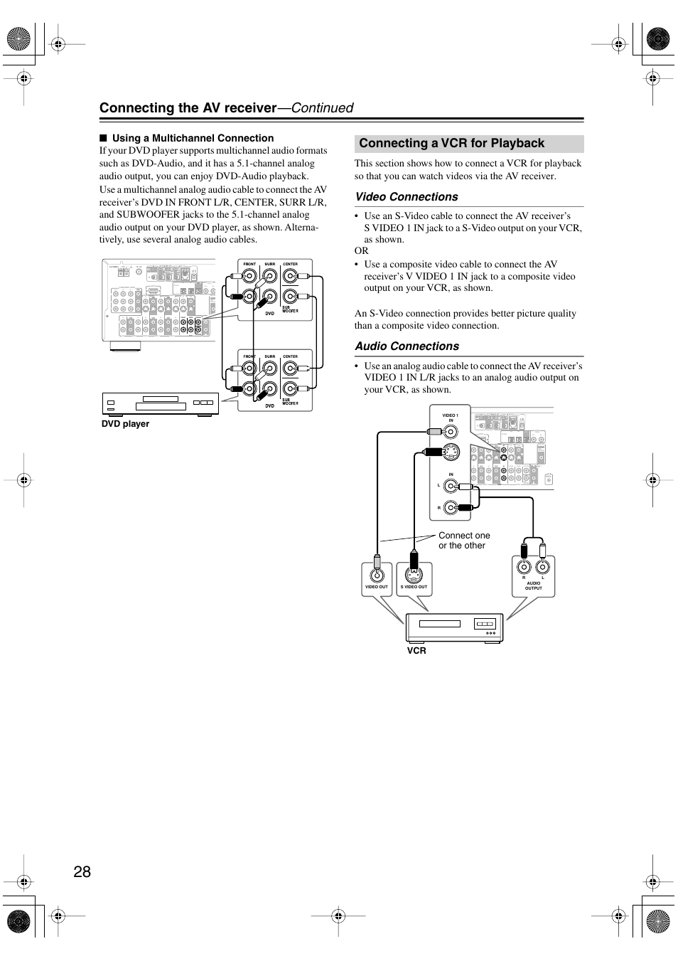 Connecting the av receiver —continued, Connecting a vcr for playback, Video connections | Audio connections, Rin out in in in out remote control zone 2 out, In1 in2 out, Rl in 1 in 2 in 3 front surr center | Integra DTR-4.5 User Manual | Page 28 / 84
