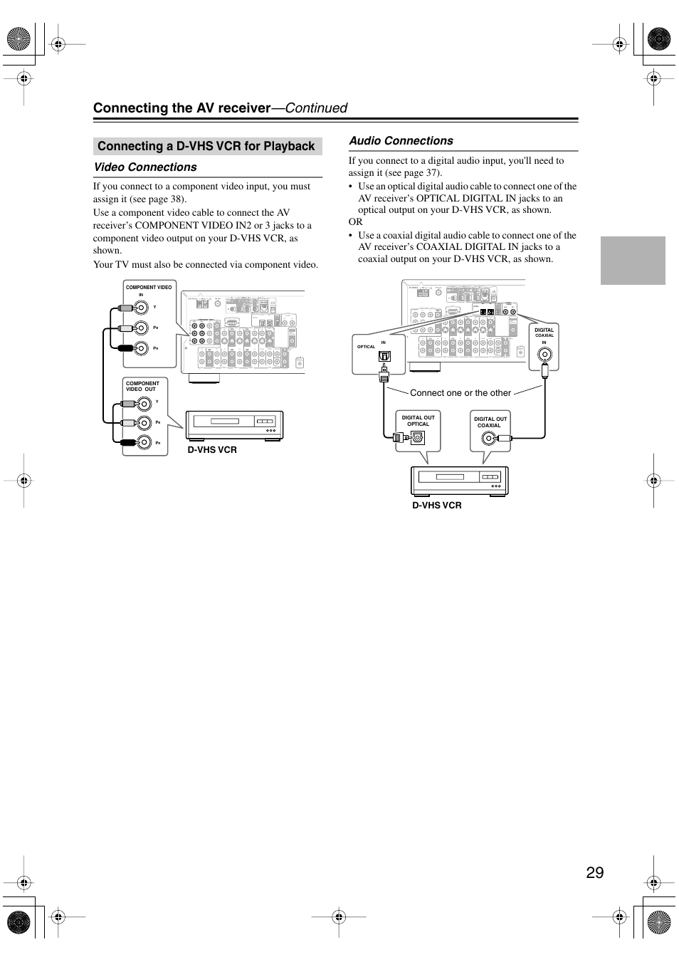 Connecting the av receiver —continued, Connecting a d-vhs vcr for playback, Video connections | Audio connections, Rl in 1 in 2 in 3 front surr center, Rin out in in in out remote control zone 2 out, In1 in2 out | Integra DTR-4.5 User Manual | Page 29 / 84