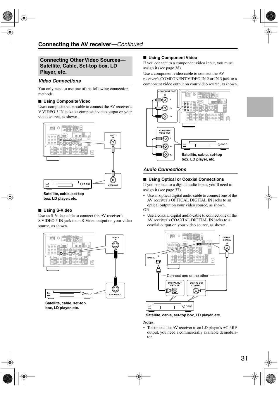 Connecting the av receiver —continued, Video connections, Audio connections | Rl in 1 in 2 in 3 front surr center, Rin out in in in out remote control zone 2 out, In1 in2 out | Integra DTR-4.5 User Manual | Page 31 / 84