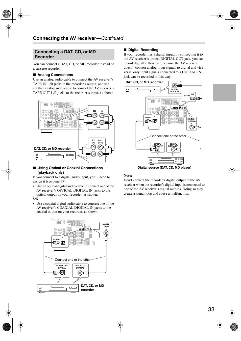 Connecting the av receiver —continued, Connecting a dat, cd, or md recorder, Rl in 1 in 2 in 3 front surr center | Rin out in in in out remote control zone 2 out, In1 in2 out | Integra DTR-4.5 User Manual | Page 33 / 84