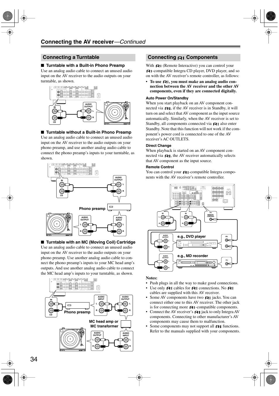 Connecting the av receiver —continued, Connecting a turntable, Connecting components | Integra DTR-4.5 User Manual | Page 34 / 84