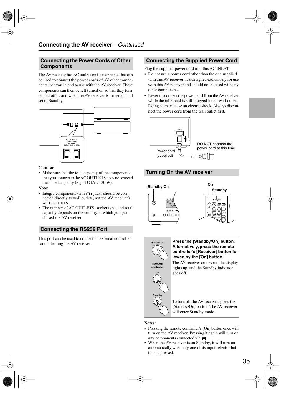 Connecting the av receiver —continued, Standby zone 2 | Integra DTR-4.5 User Manual | Page 35 / 84