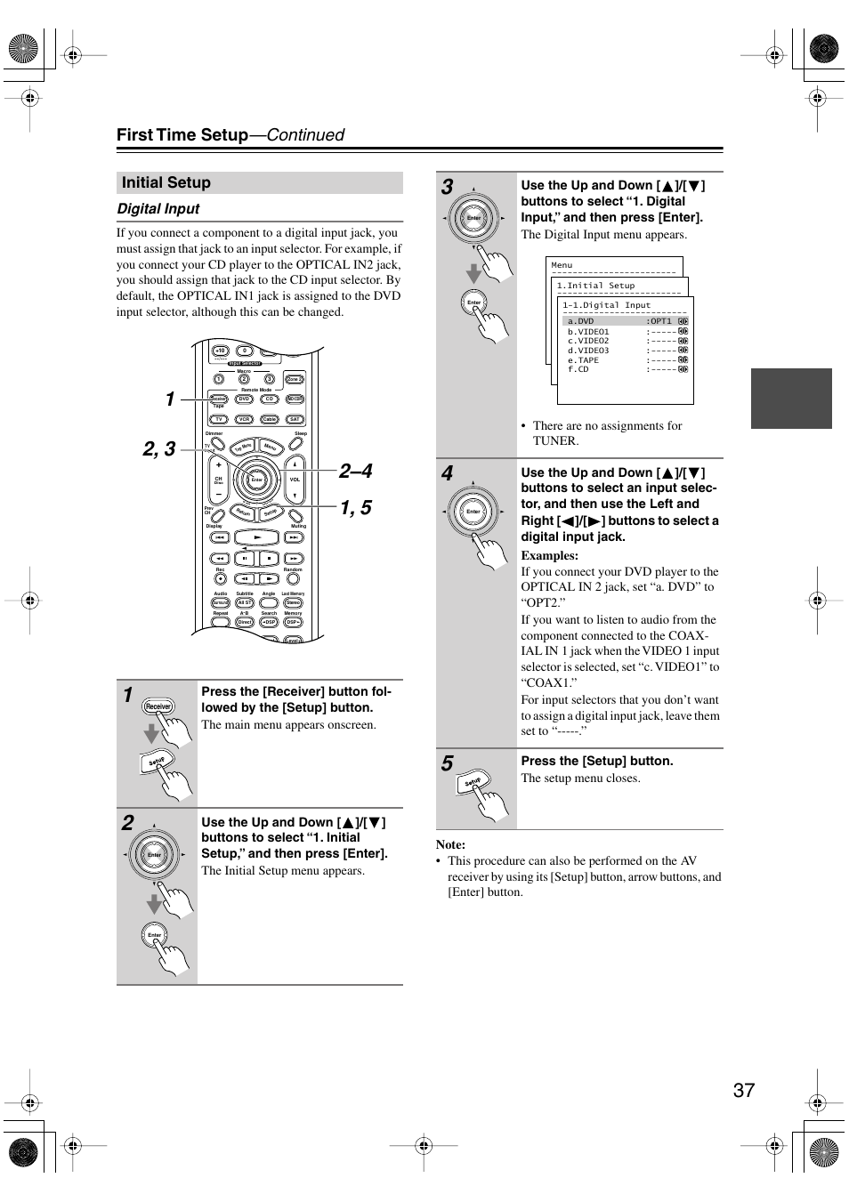First time setup —continued, Initial setup, Digital input | Press the [setup] button. the setup menu closes | Integra DTR-4.5 User Manual | Page 37 / 84