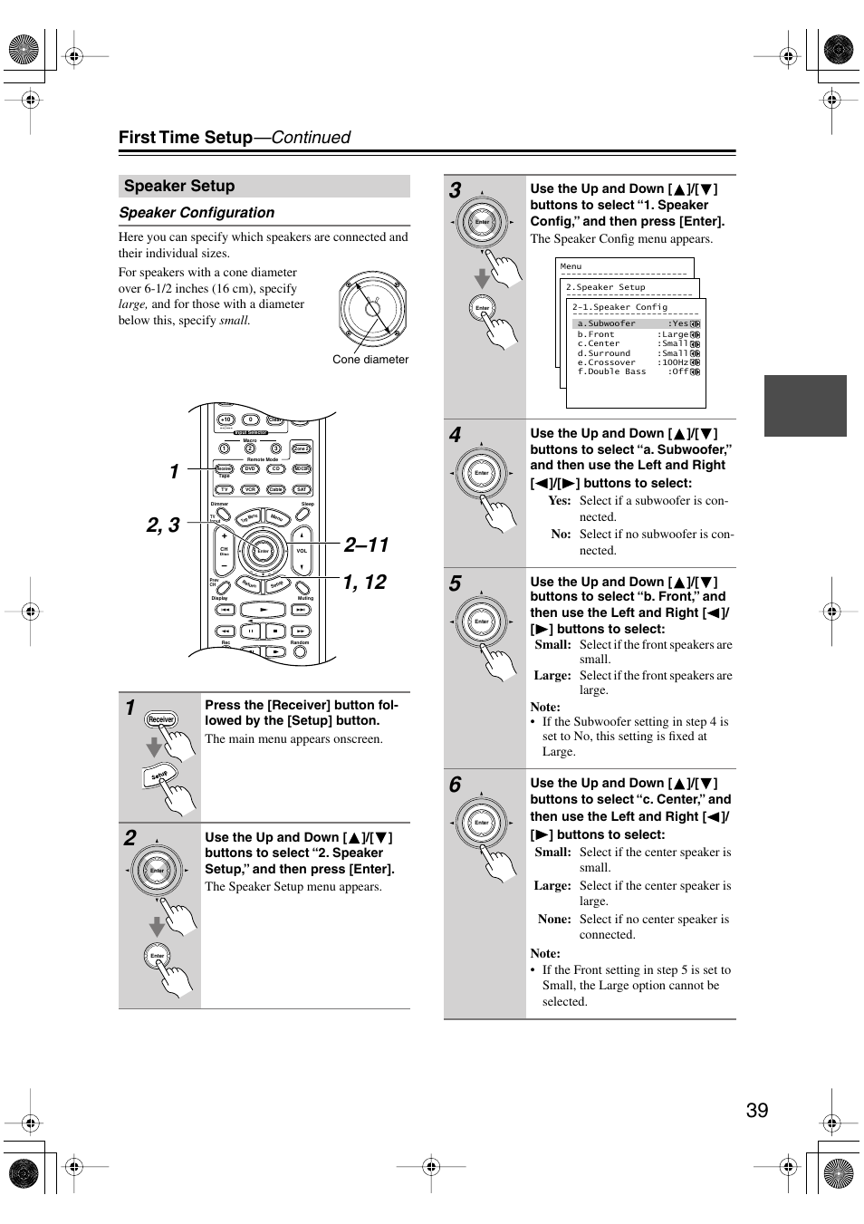 First time setup —continued, Speaker setup, Speaker configuration | Integra DTR-4.5 User Manual | Page 39 / 84