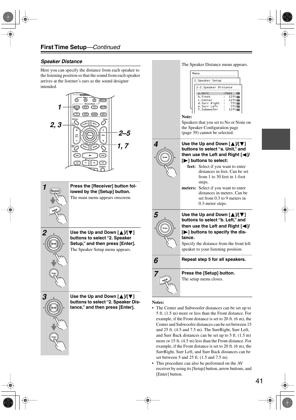 First time setup —continued, Speaker distance | Integra DTR-4.5 User Manual | Page 41 / 84