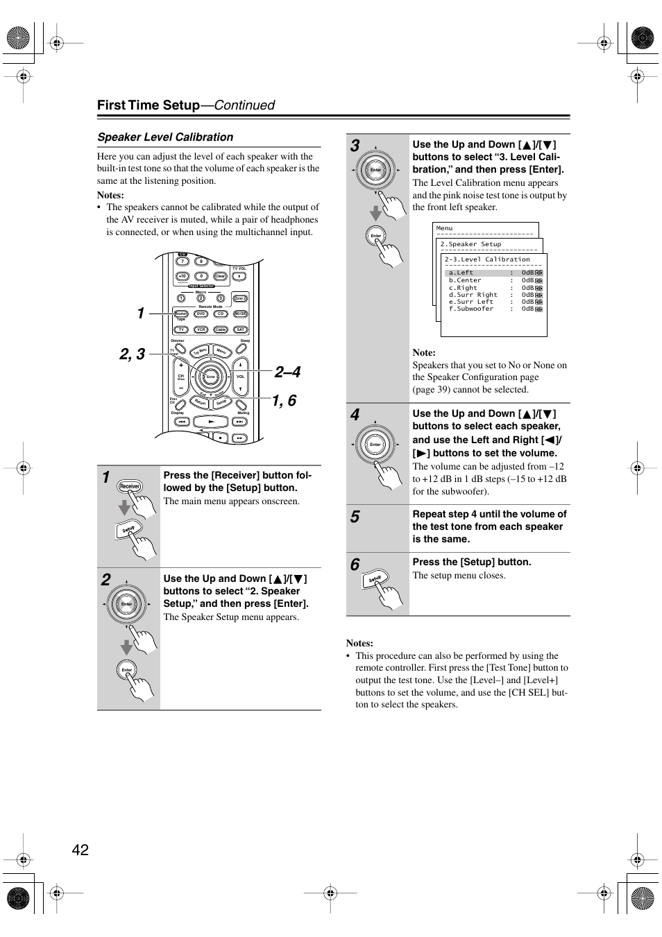 First time setup —continued, Speaker level calibration | Integra DTR-4.5 User Manual | Page 42 / 84
