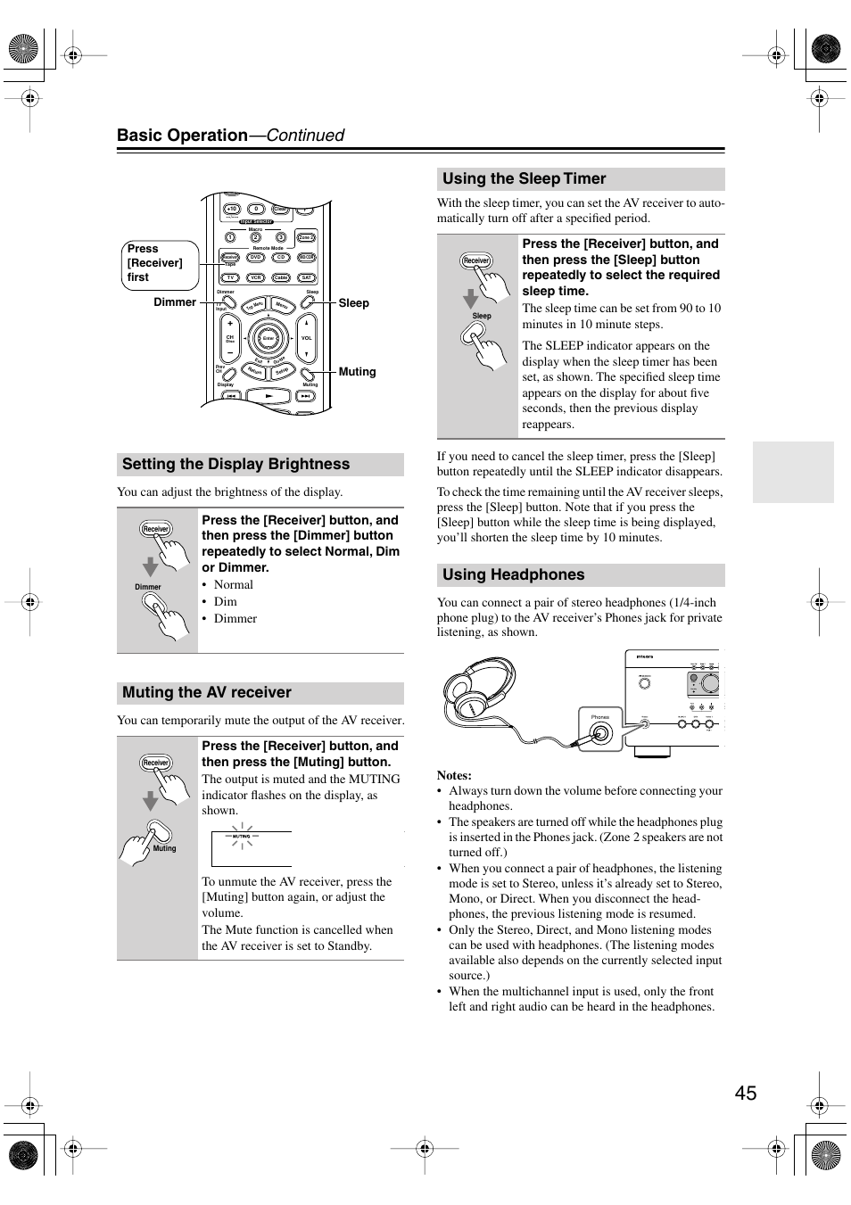 Basic operation —continued, Setting the display brightness, Muting the av receiver | Using the sleep timer, Using headphones, Standby zone 2 | Integra DTR-4.5 User Manual | Page 45 / 84