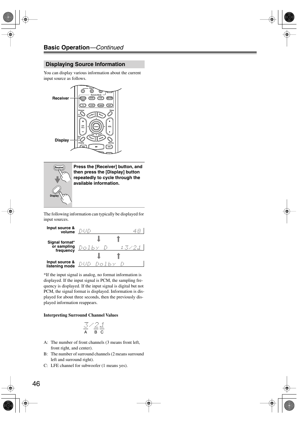 Basic operation —continued, Displaying source information | Integra DTR-4.5 User Manual | Page 46 / 84