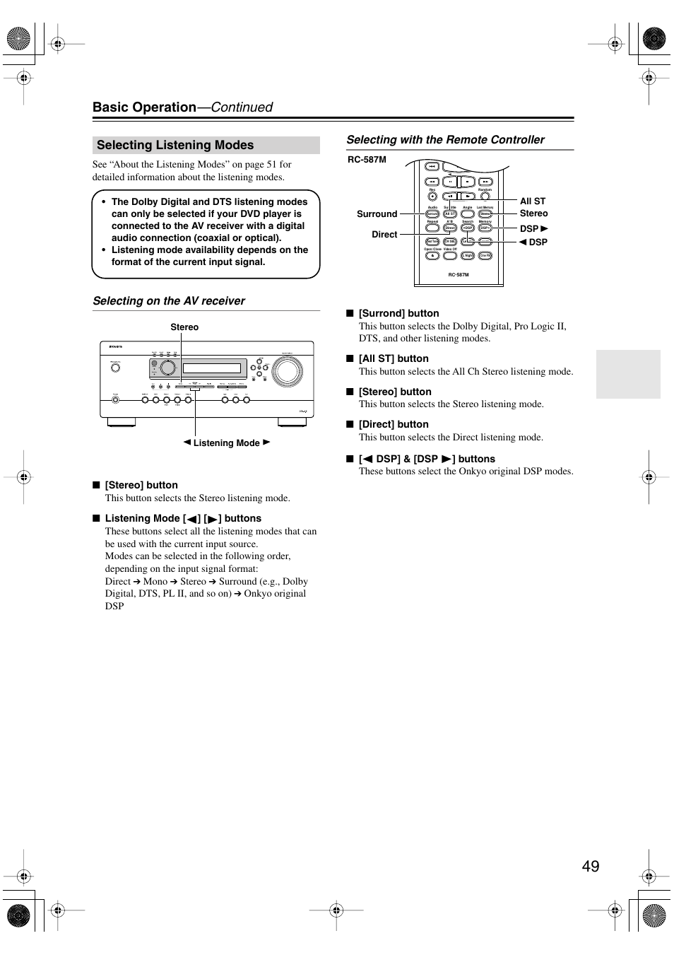 Basic operation —continued, Selecting listening modes, Selecting on the av receiver | Selecting with the remote controller | Integra DTR-4.5 User Manual | Page 49 / 84
