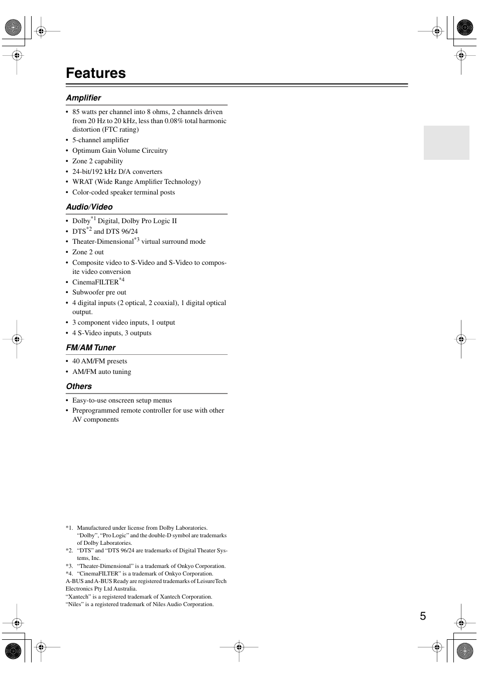 Features | Integra DTR-4.5 User Manual | Page 5 / 84