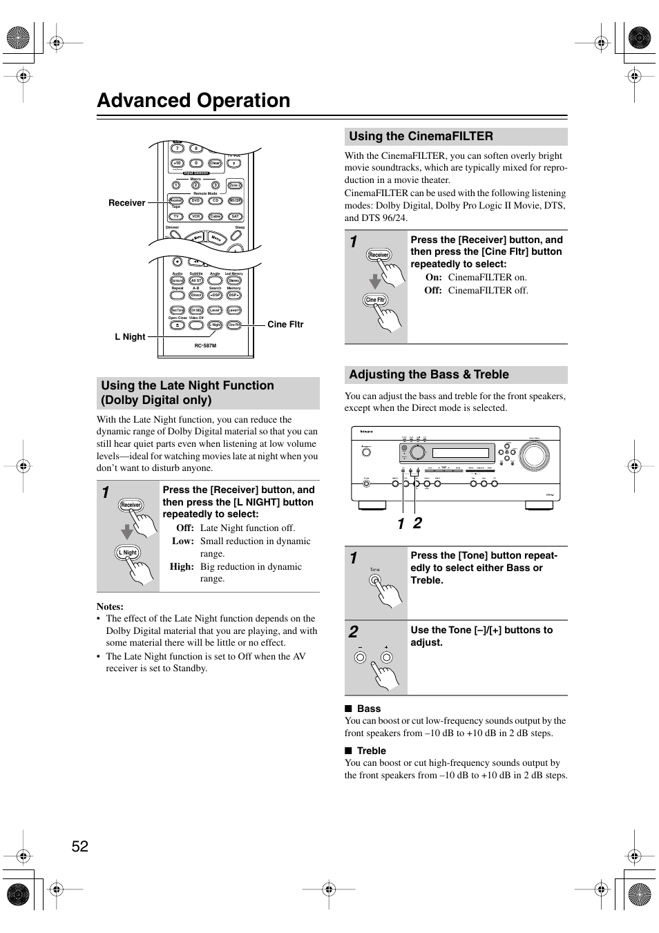 Advanced operation, Using the late night function (dolby digital only), Using the cinemafilter | Adjusting the bass & treble, Use the tone [–]/[+] buttons to adjust, Standby zone 2 | Integra DTR-4.5 User Manual | Page 52 / 84