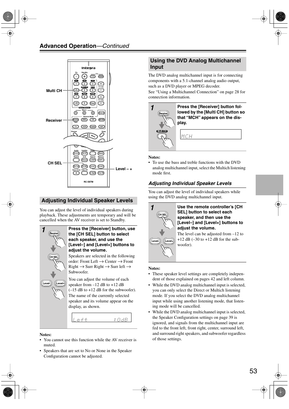 Advanced operation —continued, Using the dvd analog multichannel input, Adjusting individual speaker levels | Center, Front right, Surr right, Surr left | Integra DTR-4.5 User Manual | Page 53 / 84