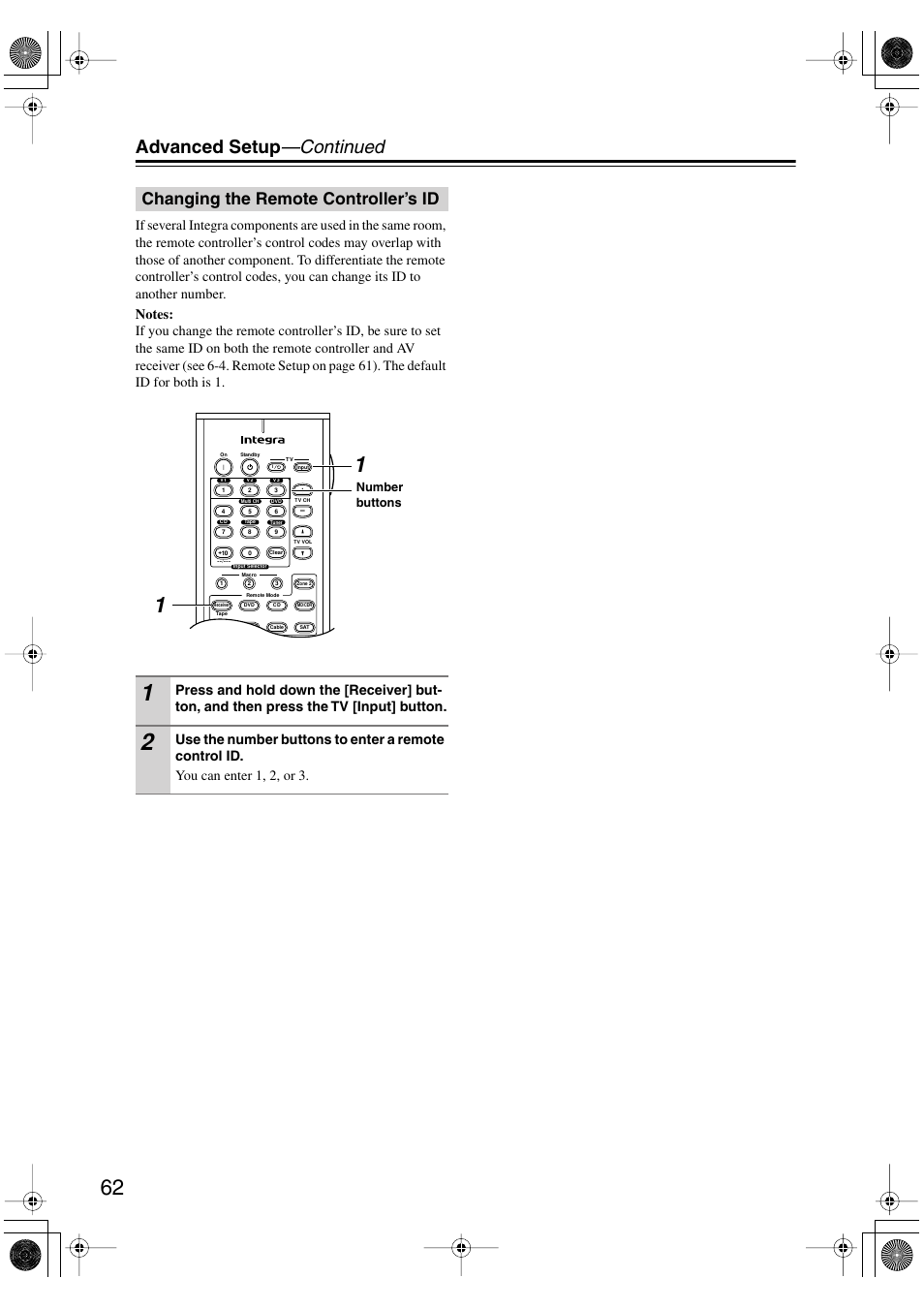 Advanced setup —continued, Changing the remote controller’s id | Integra DTR-4.5 User Manual | Page 62 / 84