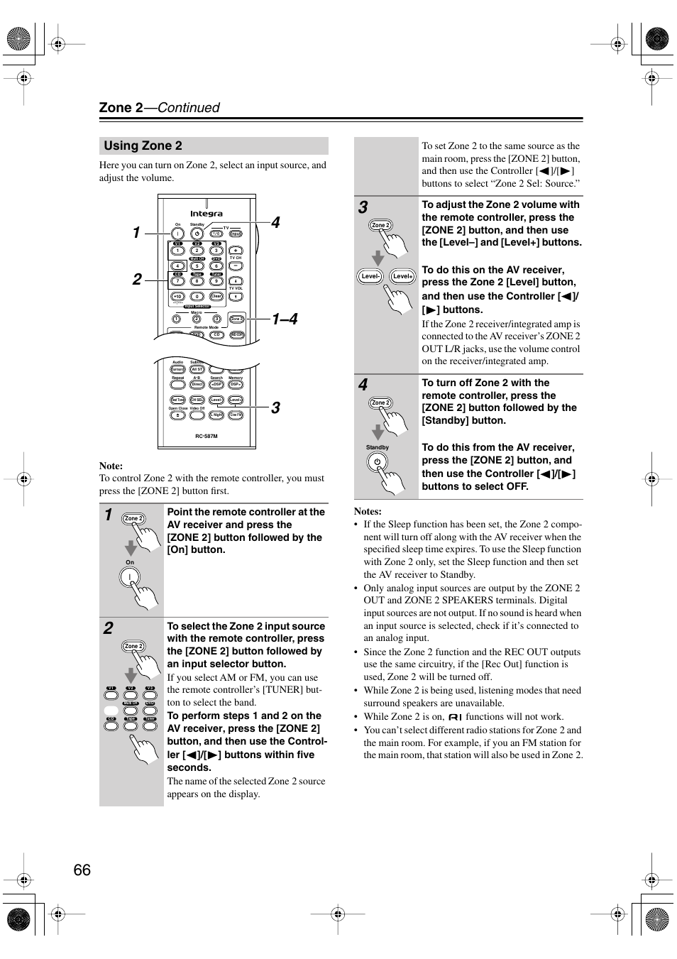 Zone 2 —continued, Using zone 2 | Integra DTR-4.5 User Manual | Page 66 / 84