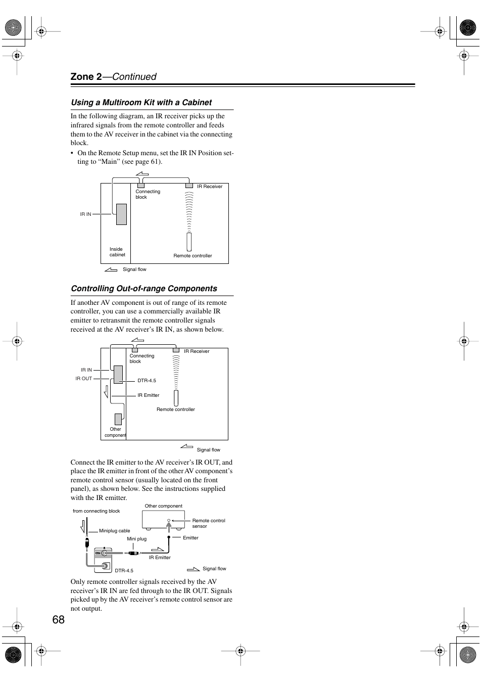 Zone 2 —continued, Using a multiroom kit with a cabinet, Controlling out-of-range components | Integra DTR-4.5 User Manual | Page 68 / 84
