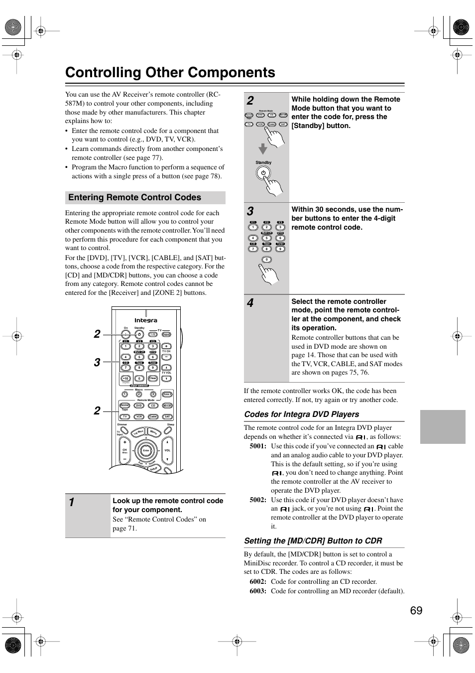 Controlling other components, Entering remote control codes, Codes for integra dvd players | Setting the [md/cdr] button to cdr | Integra DTR-4.5 User Manual | Page 69 / 84