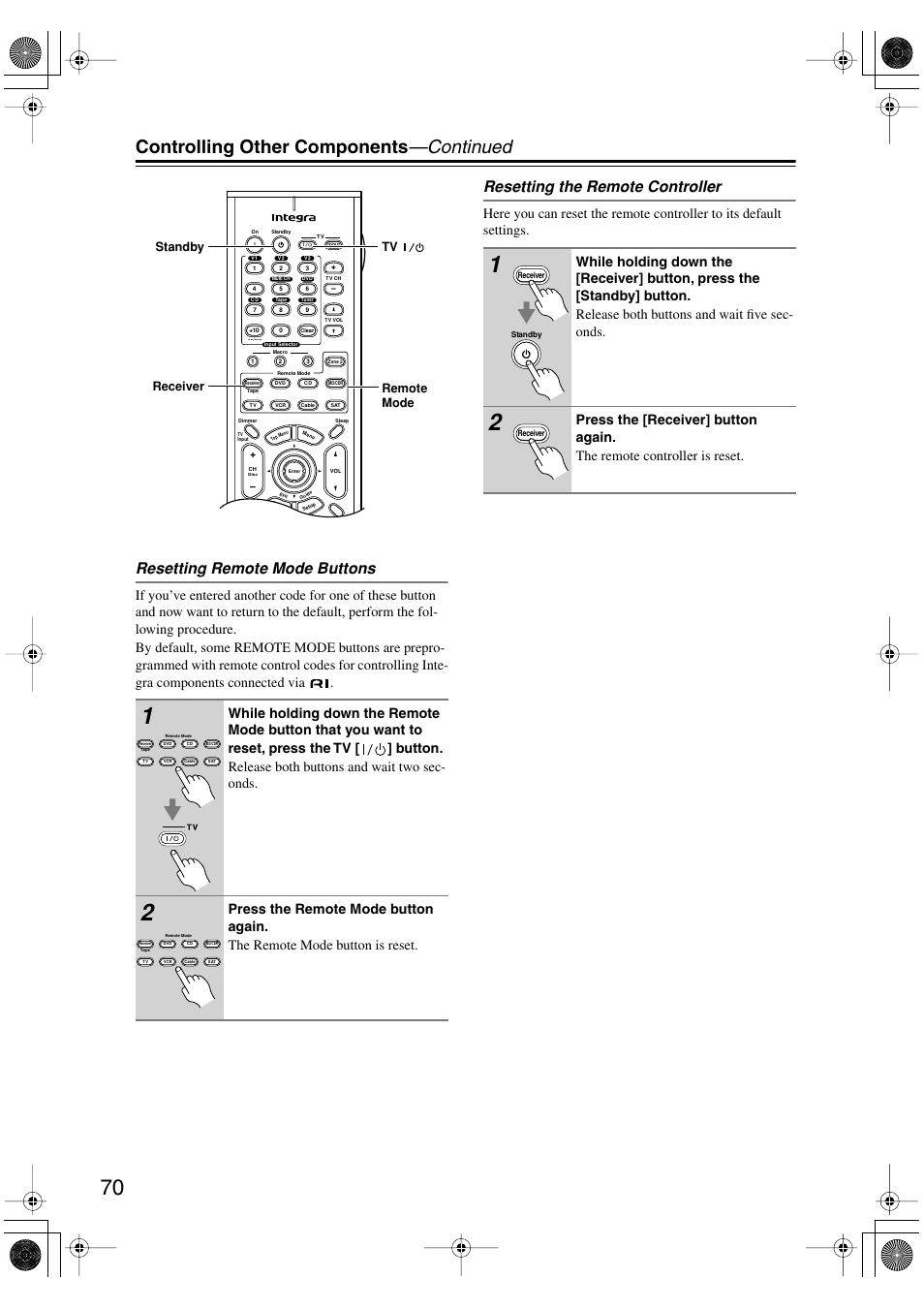 Controlling other components —continued, Resetting remote mode buttons, Resetting the remote controller | Integra DTR-4.5 User Manual | Page 70 / 84
