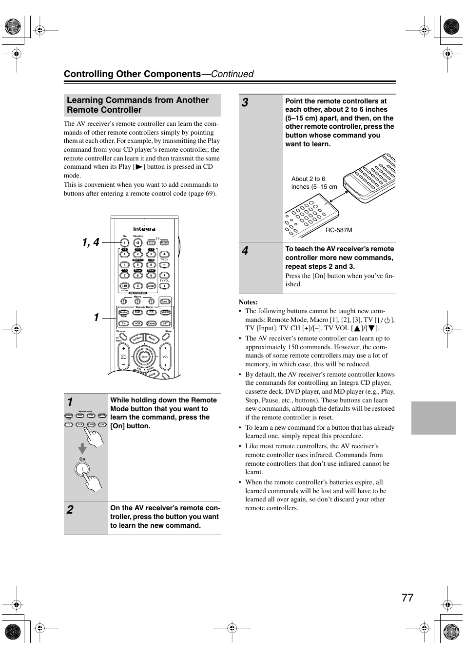 Controlling other components —continued, Learning commands from another remote controller | Integra DTR-4.5 User Manual | Page 77 / 84