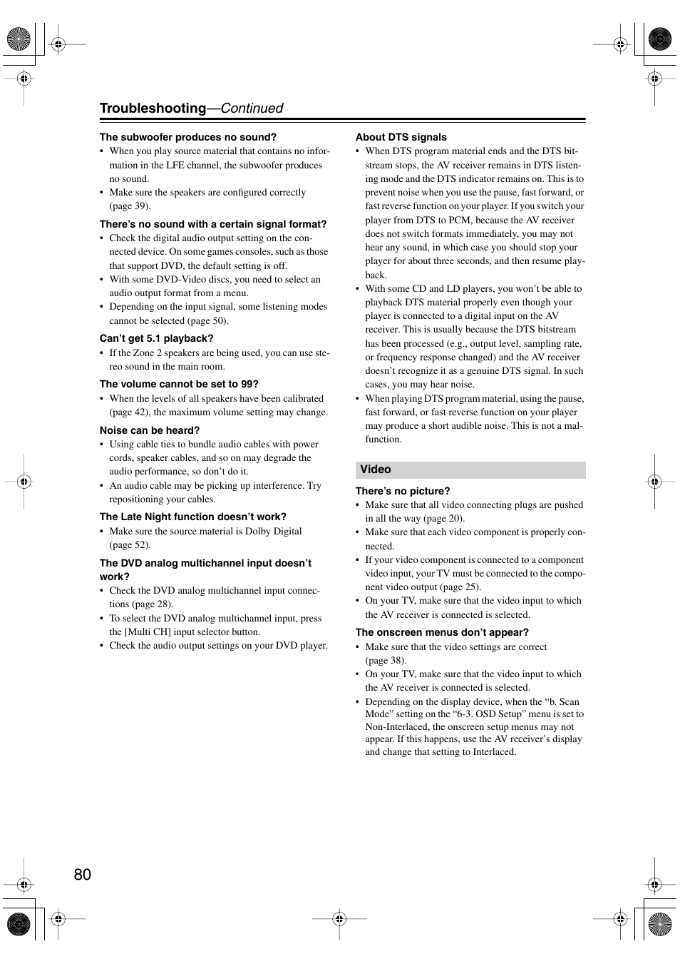 Troubleshooting —continued | Integra DTR-4.5 User Manual | Page 80 / 84